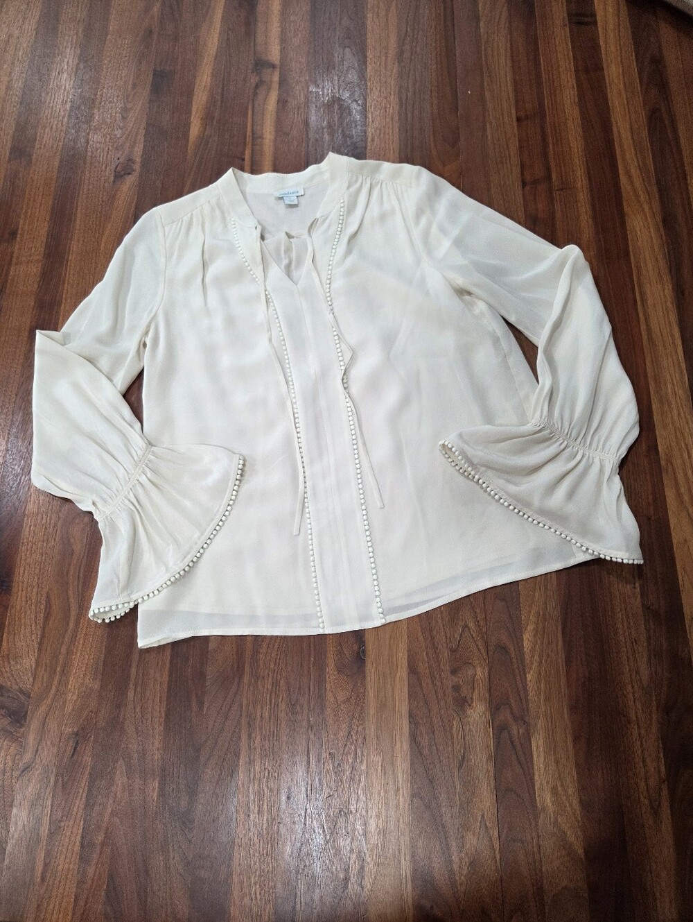 Sundance Cream Tie-Neck Boho 100% Silk Peasant Blouse Split Tie Neckline Size Sm